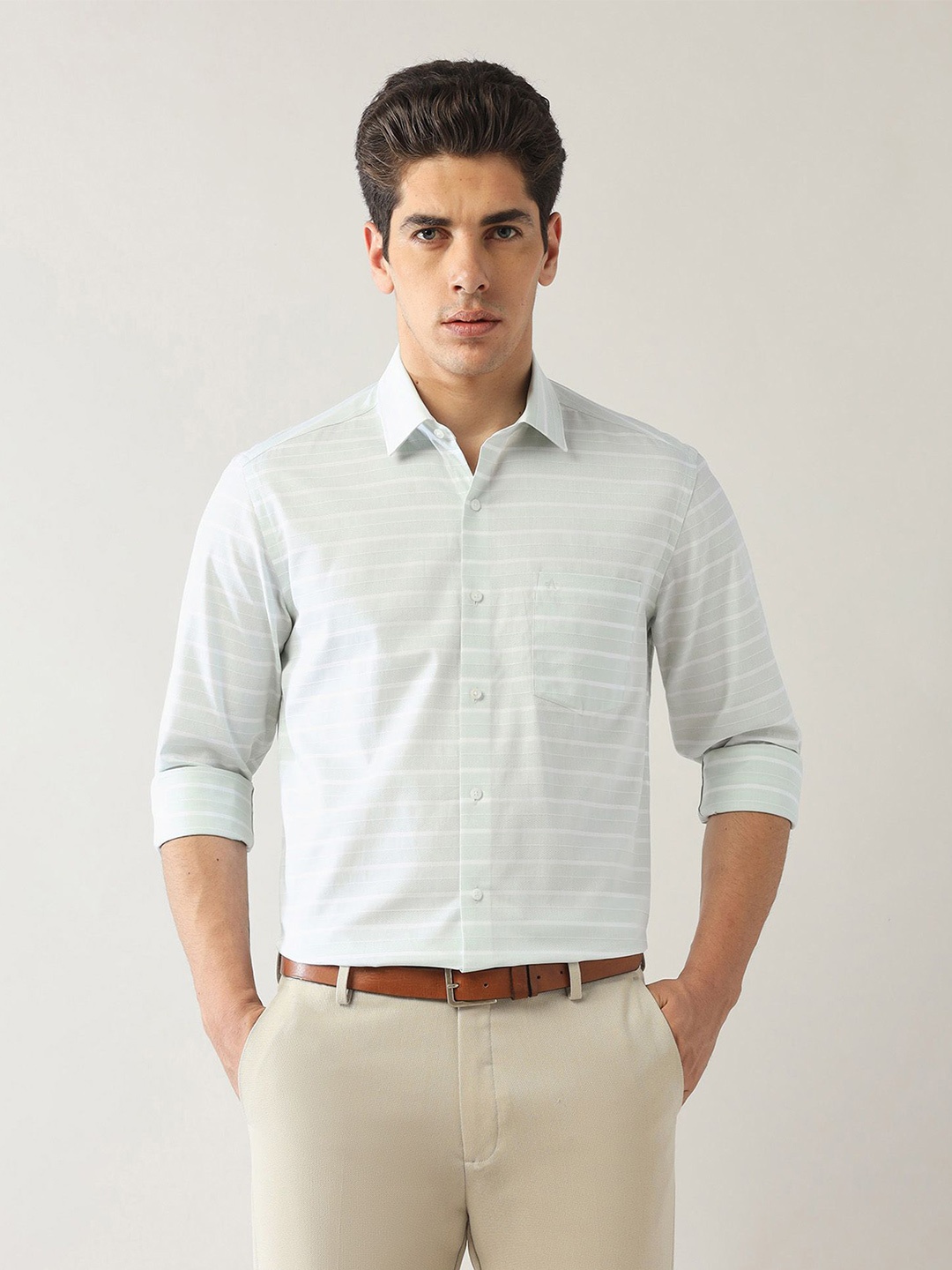 

Arrow Men Slim Fit Horizontal Stripes Opaque Striped Formal Shirt, Green