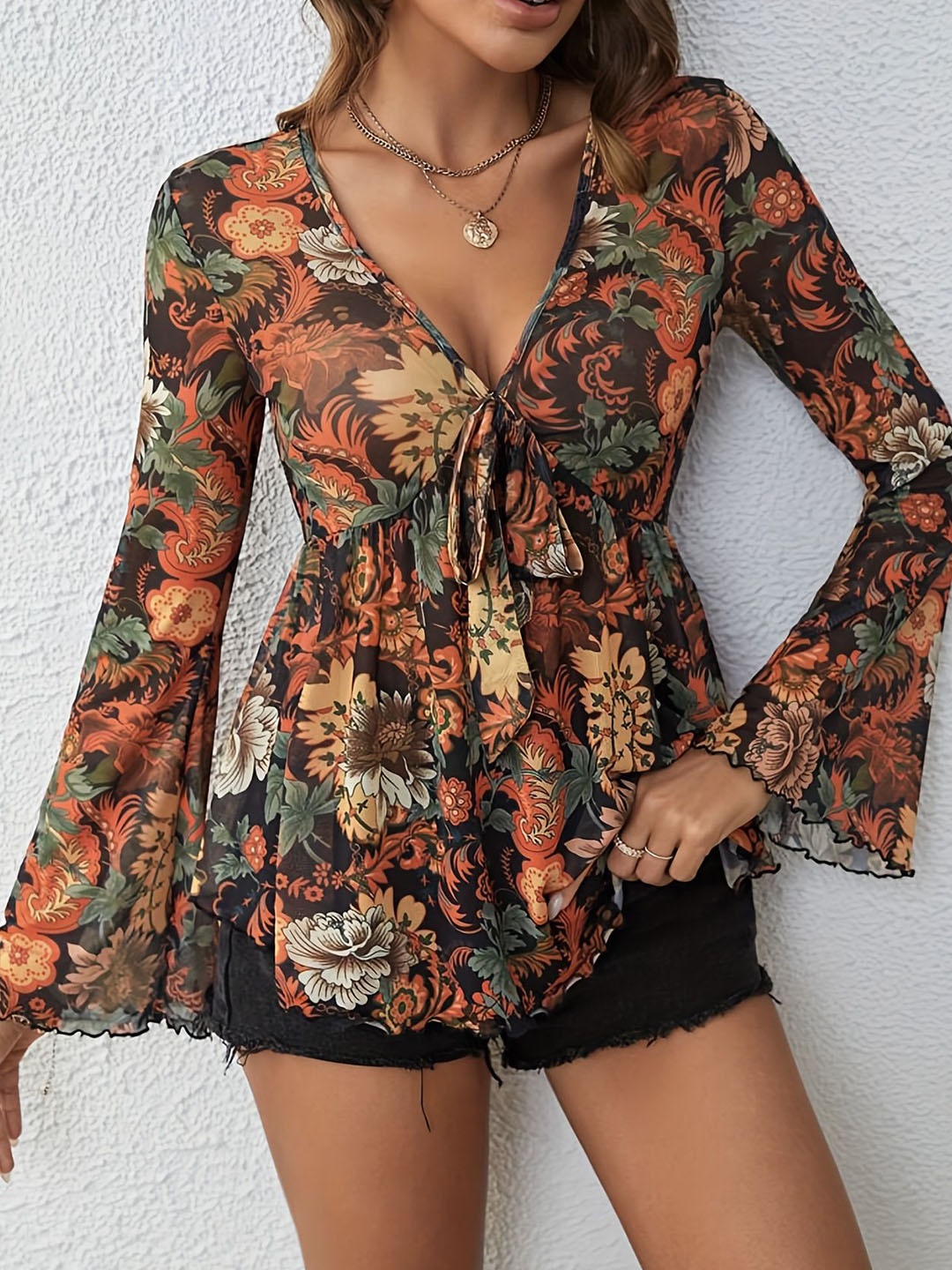 

all about you Floral Print Flared Sleeve Top, Black