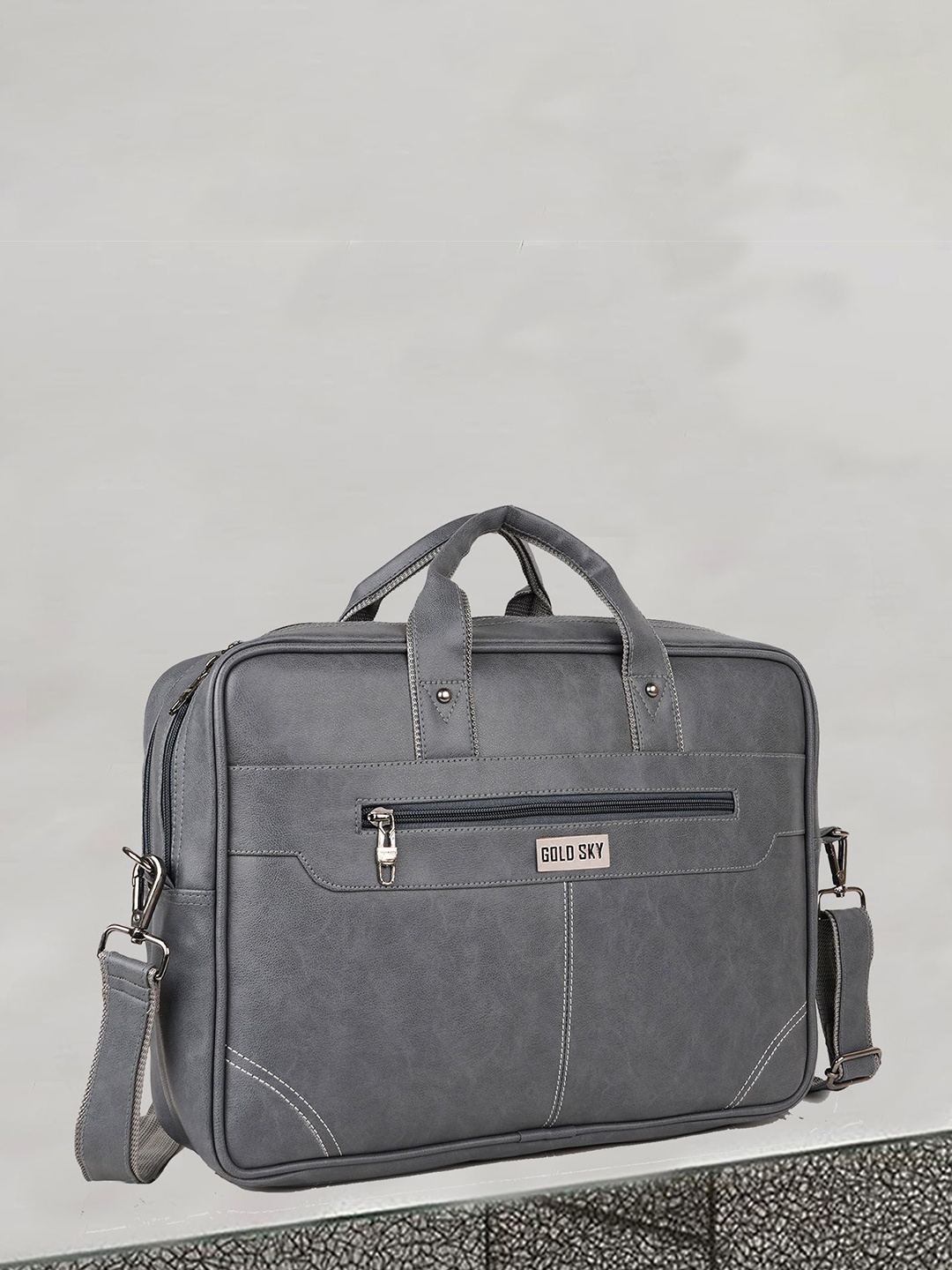 

GOLD SKY Leather Zip Closure Laptop Bag, Grey