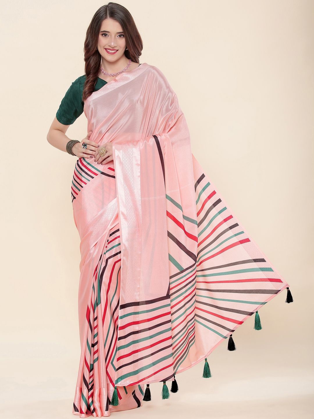 

Suha Striped Art Silk Saree, Peach