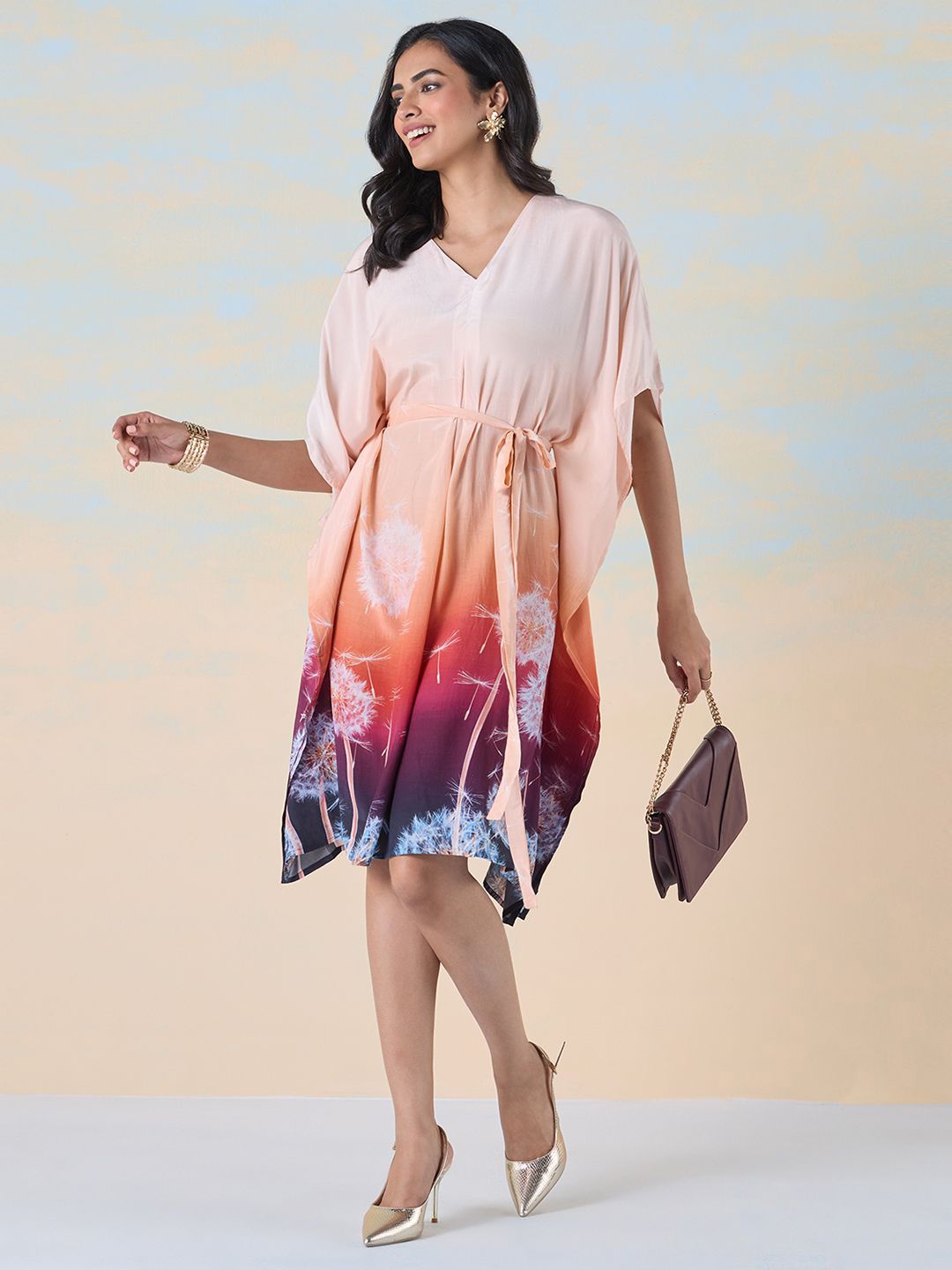 

navyasa by liva Floral Print Extended Sleeves Liva Kaftan Top, Peach