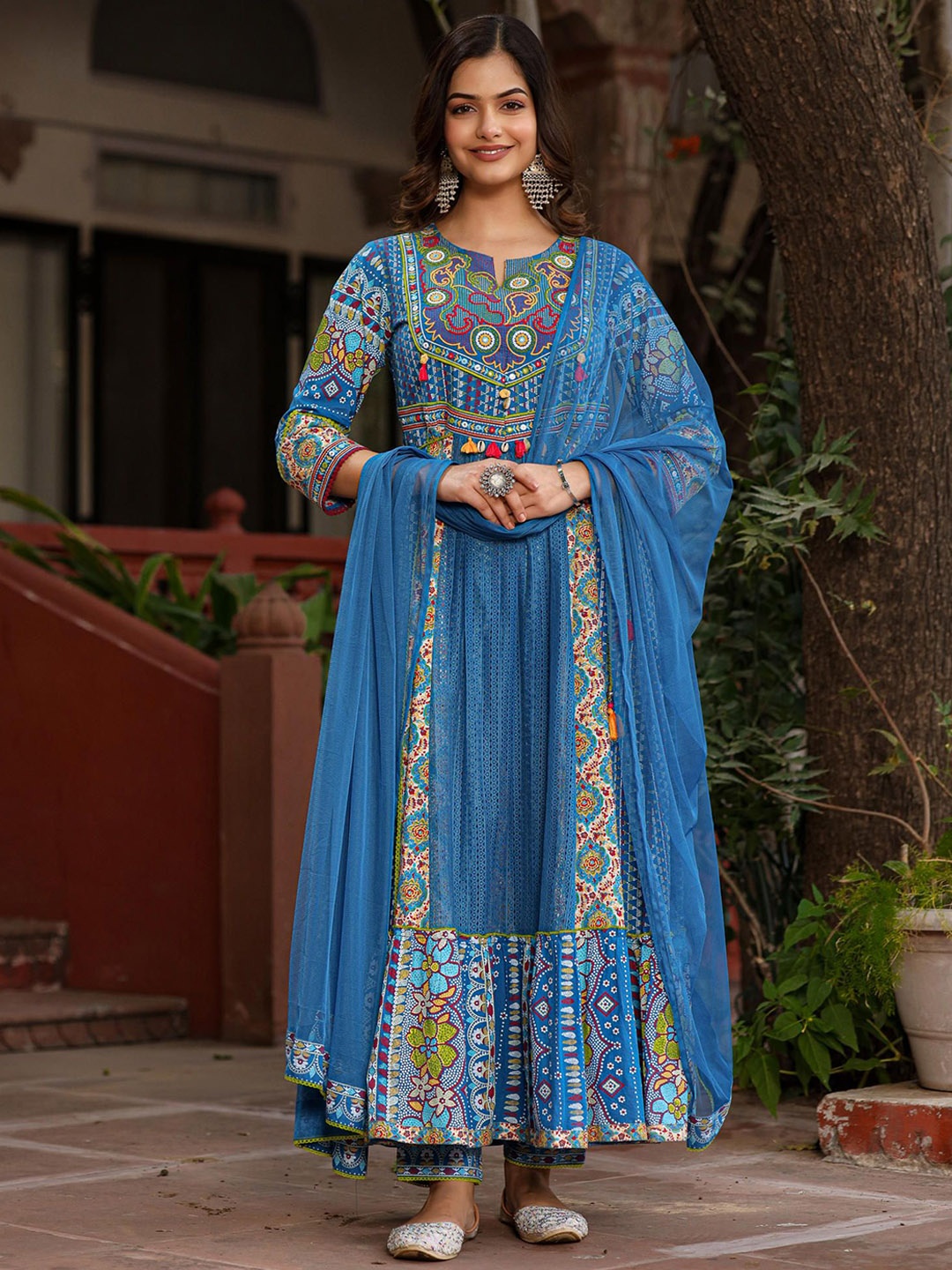 

Juniper Women Ethnic Motifs Printed Pleated Thread Work Pure Cotton Kurta with Trousers & With Dupatta, Blue