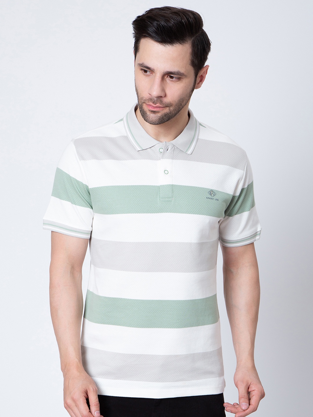 

Sparky Men Striped Polo Collar Pockets Slim Fit T-shirt, White