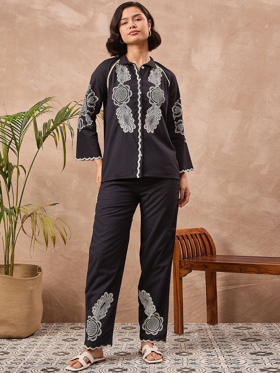 

ZUMMER Floral Embroidered Pure Cotton Shirt & Trouser Co-Ords Set, Black