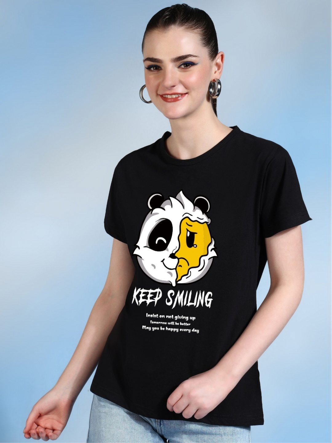 

Moda Rapido Women Printed Bio Finish Applique T-shirt, Black