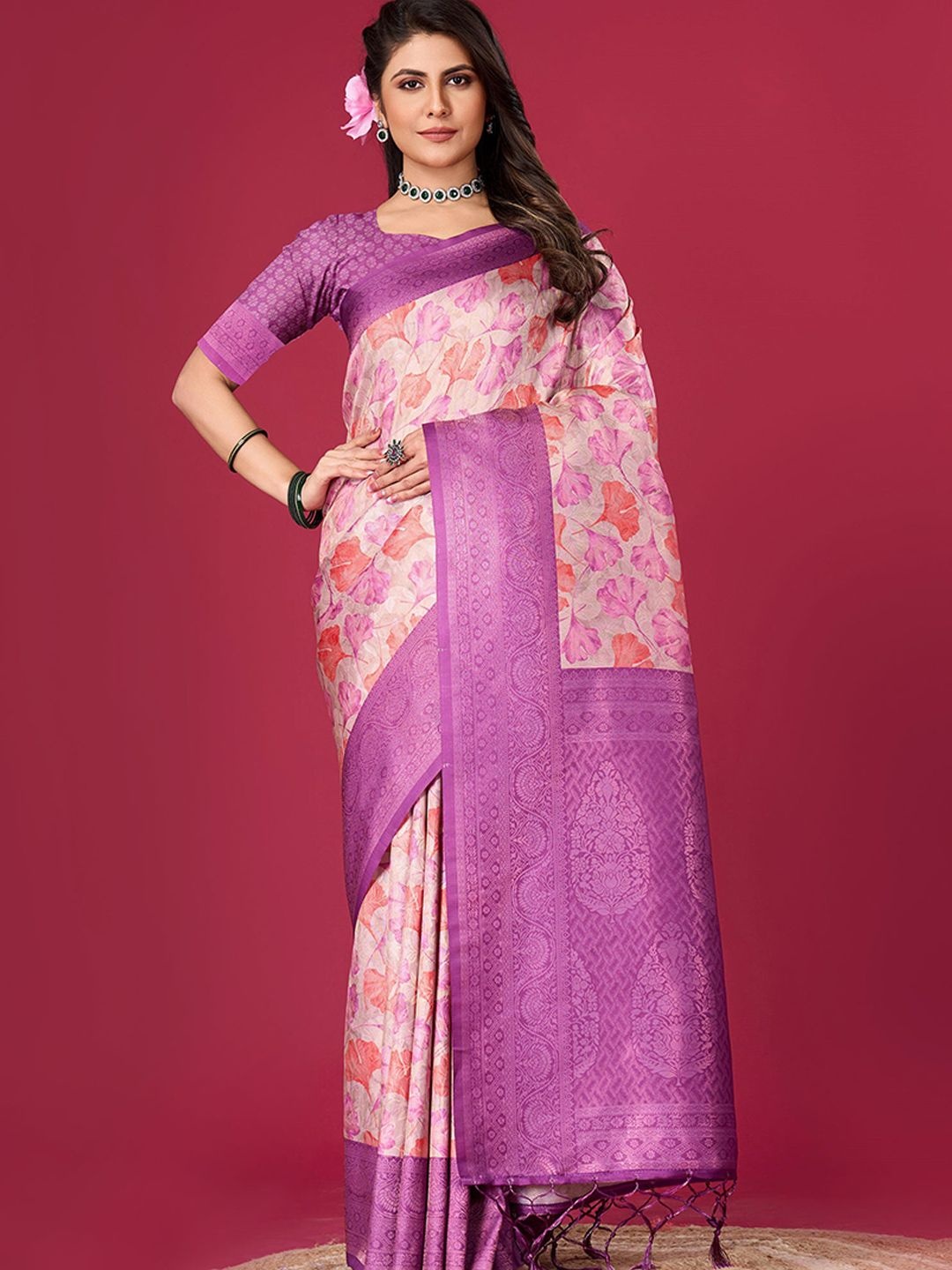 

Peachmode Floral Zari Pure Silk Saree, Purple