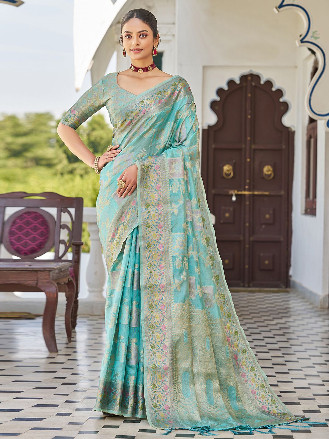 

all about you Woven Design Zari Pure Silk Saree, Turquoise blue