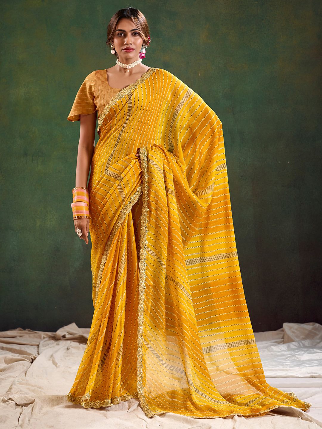 

LeeliPeeri Designer Leheriya Embroidered Poly Chiffon Saree, Mustard