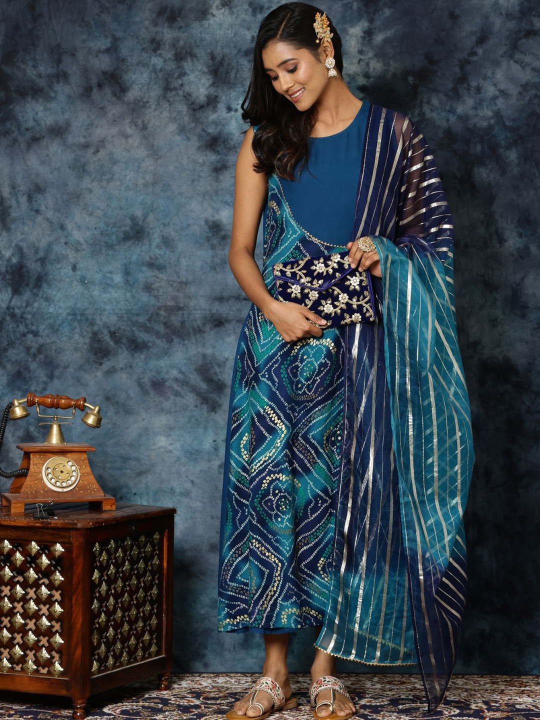 

KALINI Women Rayon Embroidered Anarkali Bandhani Print Kurta With Organza Dupatta Set, Blue