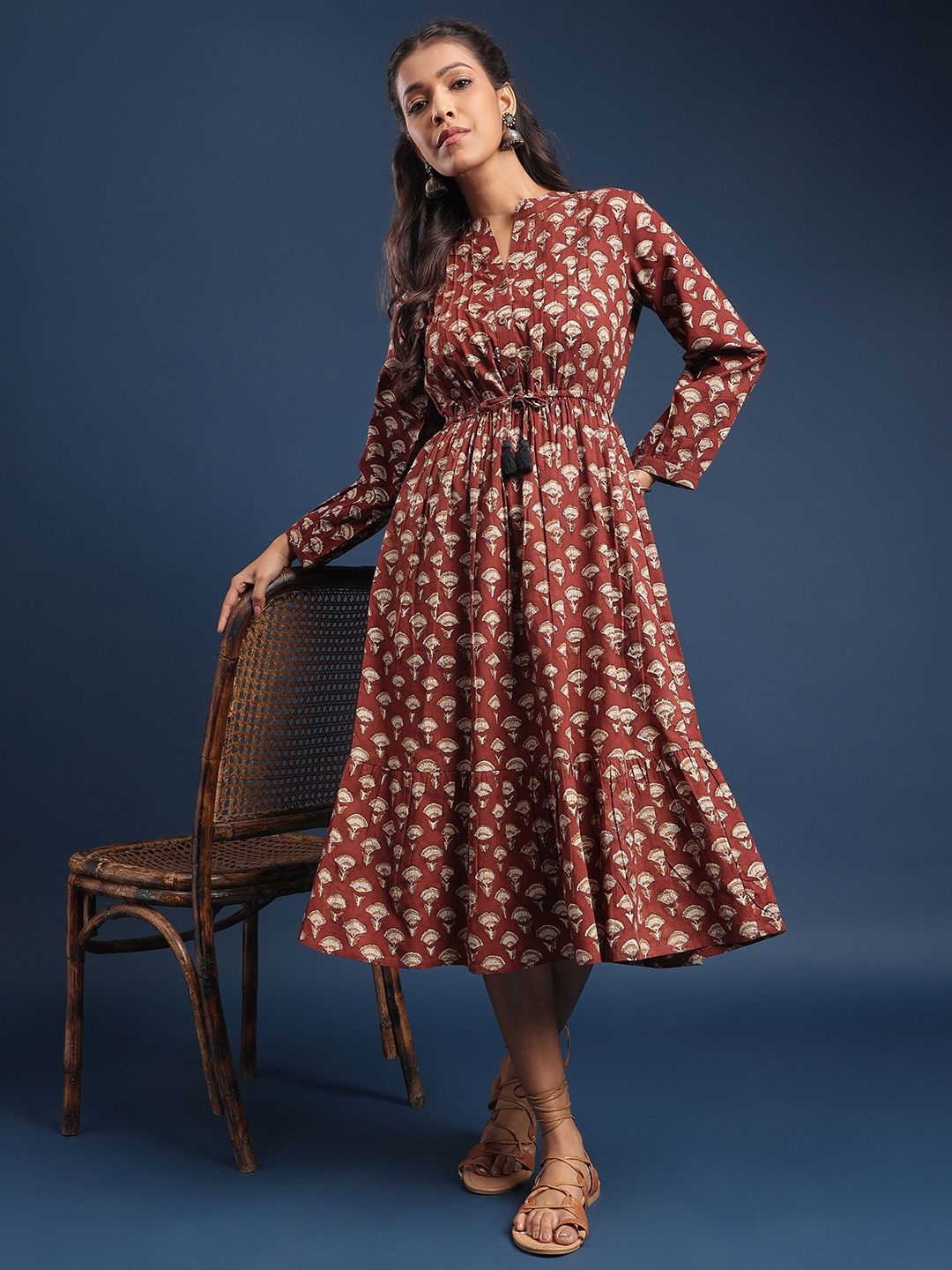 

Taavi Bagru Printed Pure Cotton Fit & Flare Dress, Maroon