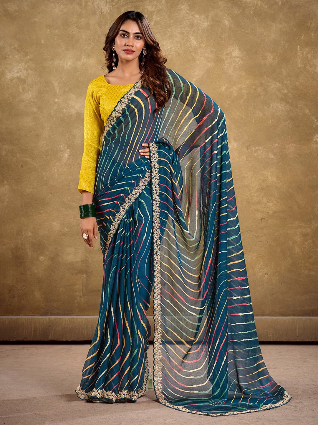 

LeeliPeeri Designer Leheriya Embroidered Poly Chiffon Saree, Teal