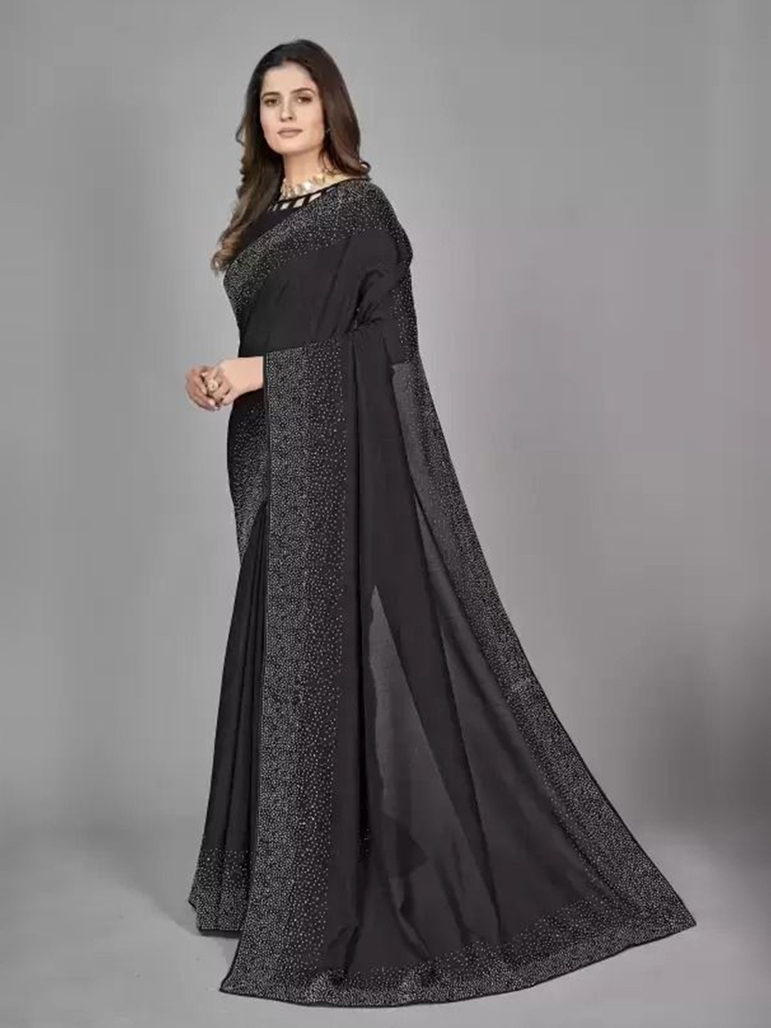 

KALINI Beads and Stones Poly Georgette Saree, Black