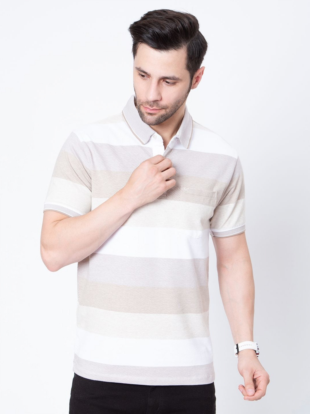 

Sparky Men Striped Polo Collar Pockets Slim Fit T-shirt, Beige