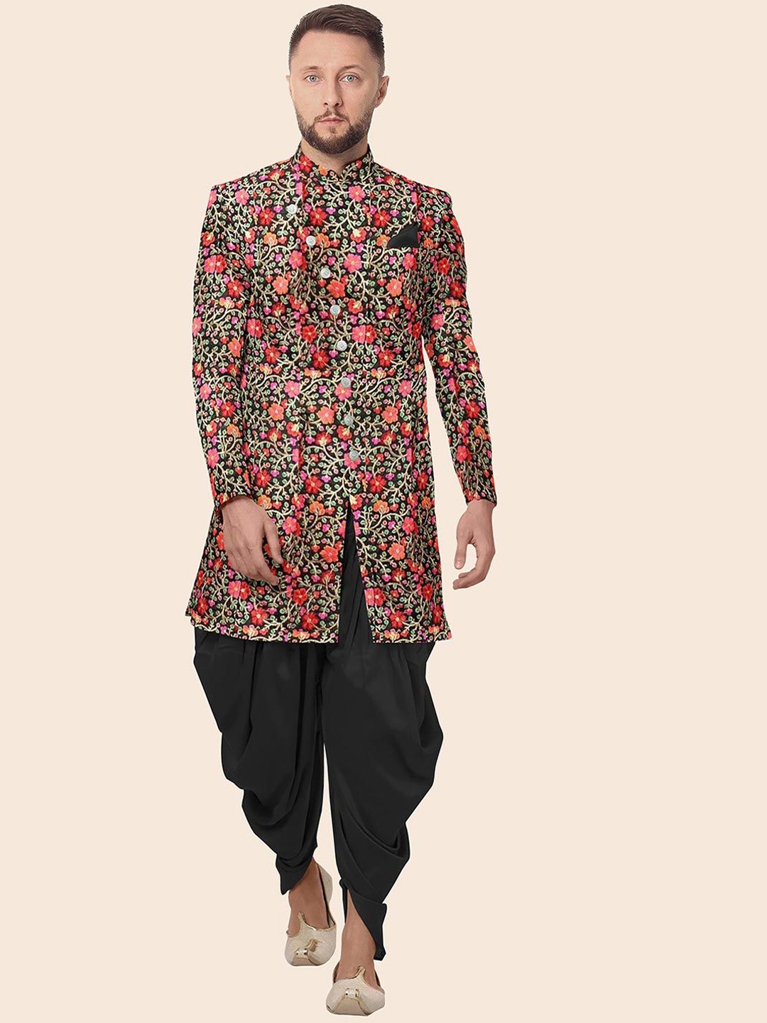 

Utsav Fashion Embroidered Art Silk Sherwani With Cotton Silk Dhoti Pant, Black