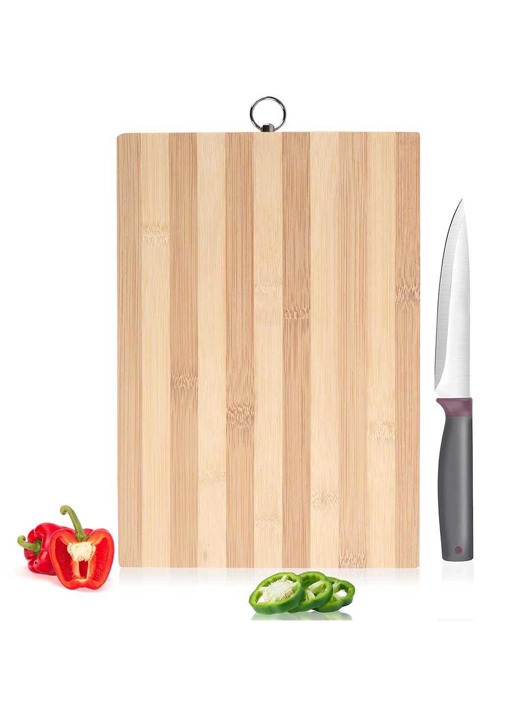 

Kuber Industries Striped Bamboo Chopping Board With Hanging Ring, Brown