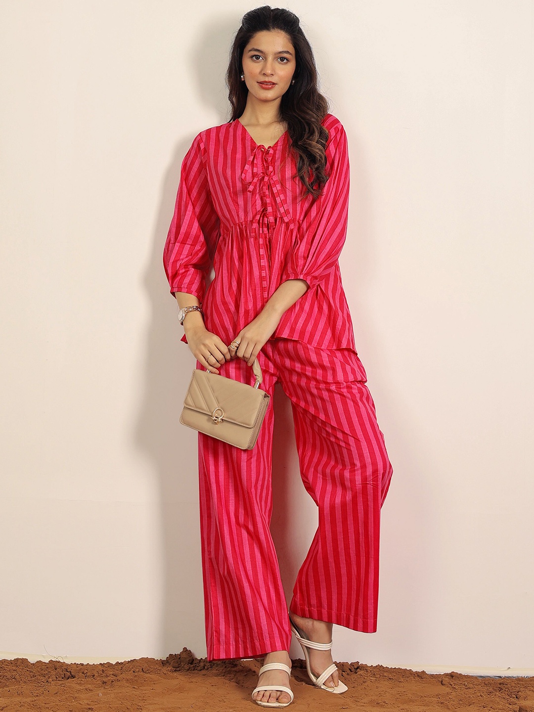 

KAORI BY SHREYA AGARWAL Pure Cotton Striped Top With Trouser Co-Ords, Red
