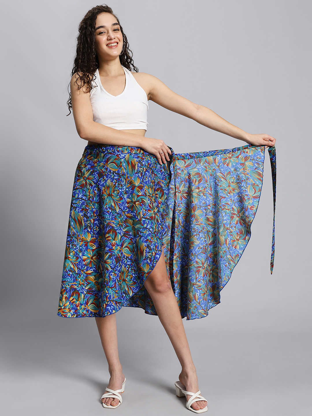 

BODYFIGURE Printed Wrap Around Midi Skirt, Navy blue