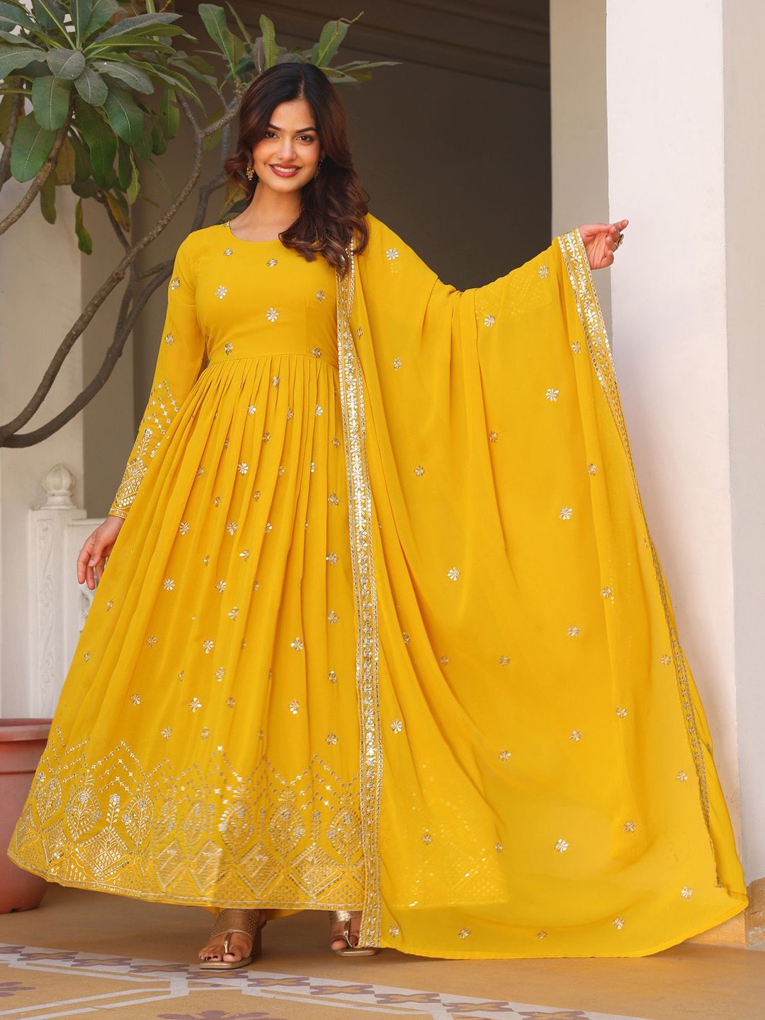 

KALINI Women Floral Embroidered Regular Kurta with Trousers & With Dupatta, Yellow
