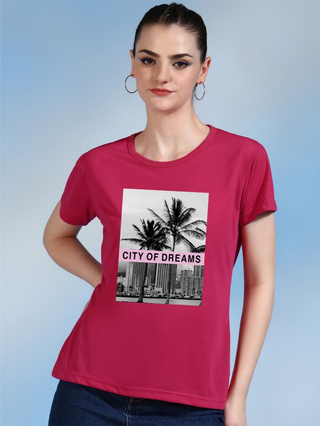 

Moda Rapido Women Printed Bio Finish Applique T-shirt, Pink