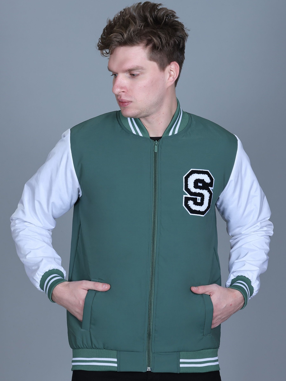 

SANHOK Men Colourblocked Polyester Lightweight Crop Bomber with Patchwork Jacket, Green
