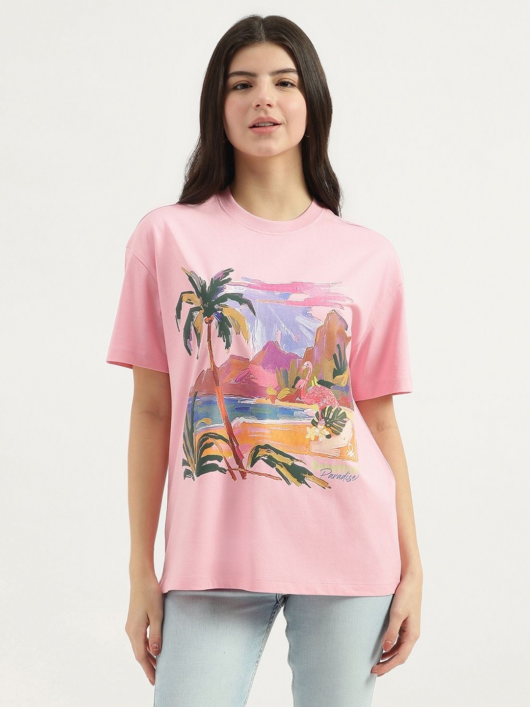 

United Colors of Benetton Women Floral Printed Drop-Shoulder Sleeves Pure Cotton Pockets T-shirt, Pink