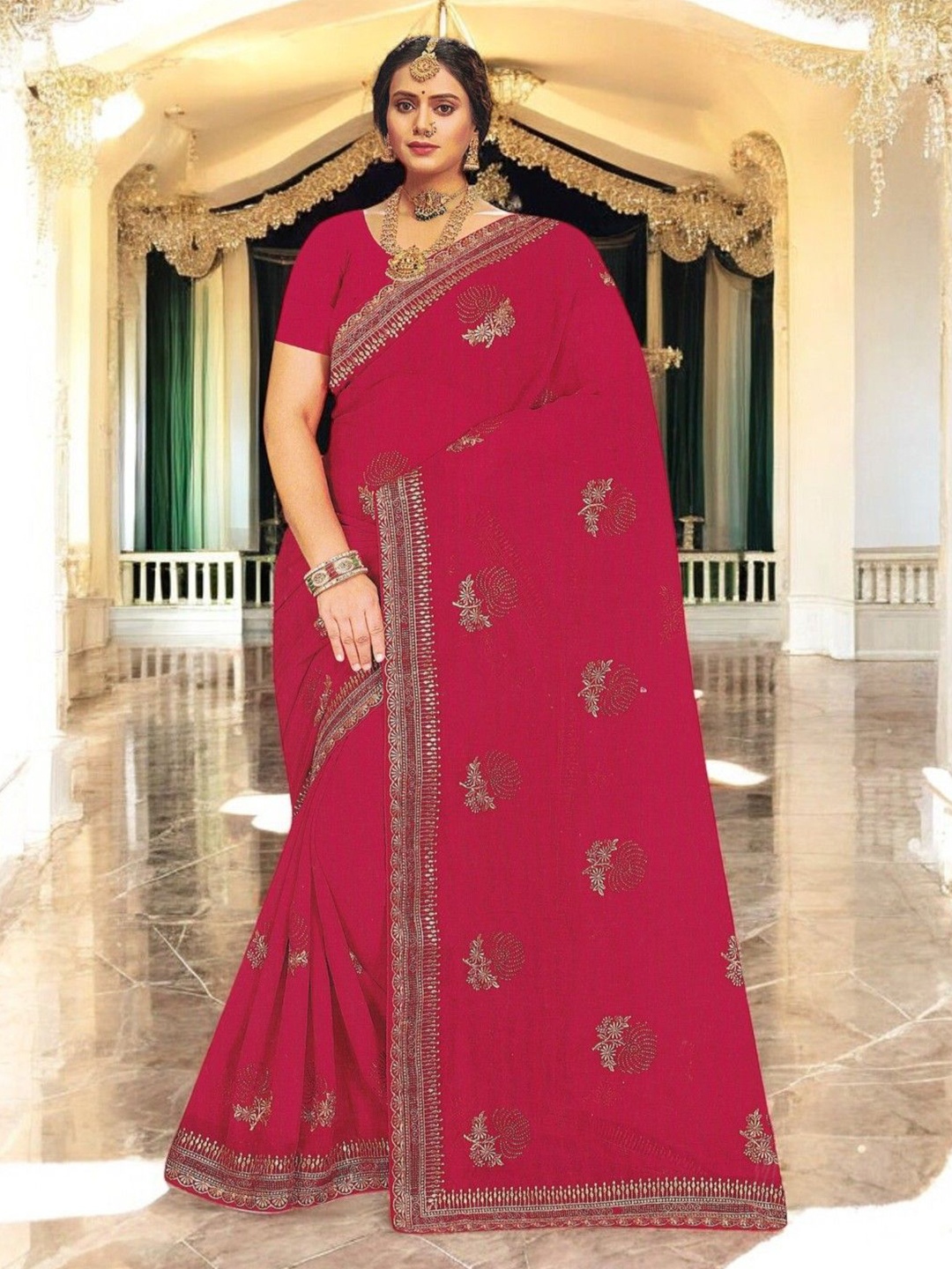 

SHOPPKEE Embellished Beads and Stones Poly Georgette Banarasi Saree, Red