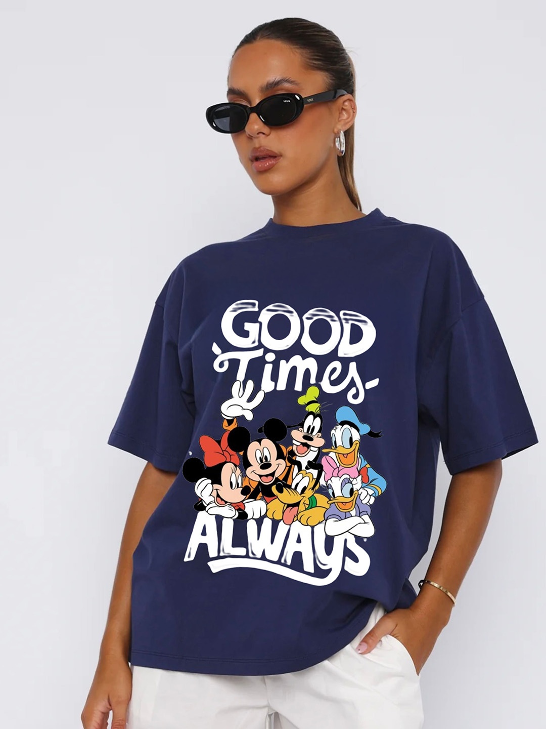 

RAYACLOSET Women Printed Applique T-shirt, Navy blue