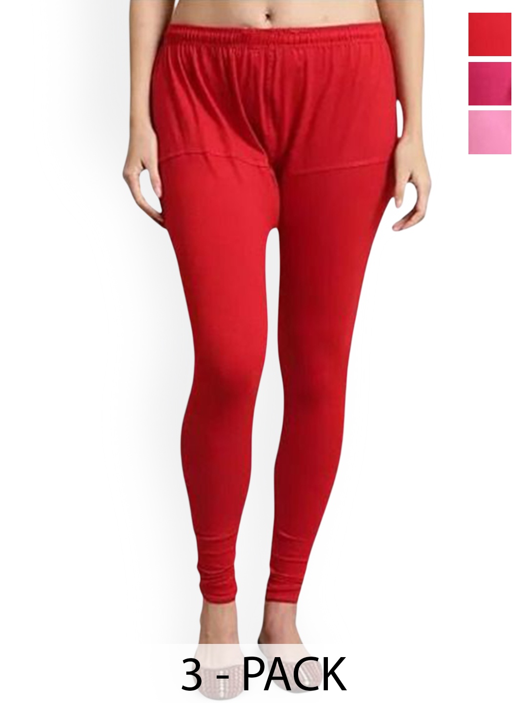 

URBAN KANYA Pack Of 3 Mid-Rise Churidar-Length Leggings, Red