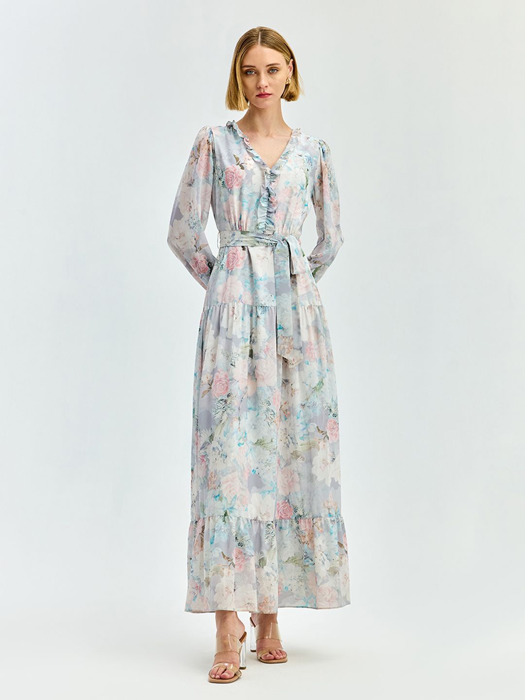 

COVER STORY Floral Print Chiffon A-Line Maxi Dress, Grey