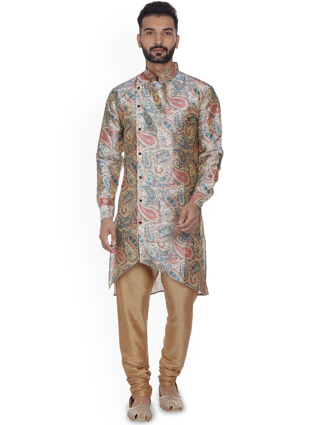

VEERA PARIDHAAN Men Paisley Printed Angrakha Kurta with Churidar, Beige