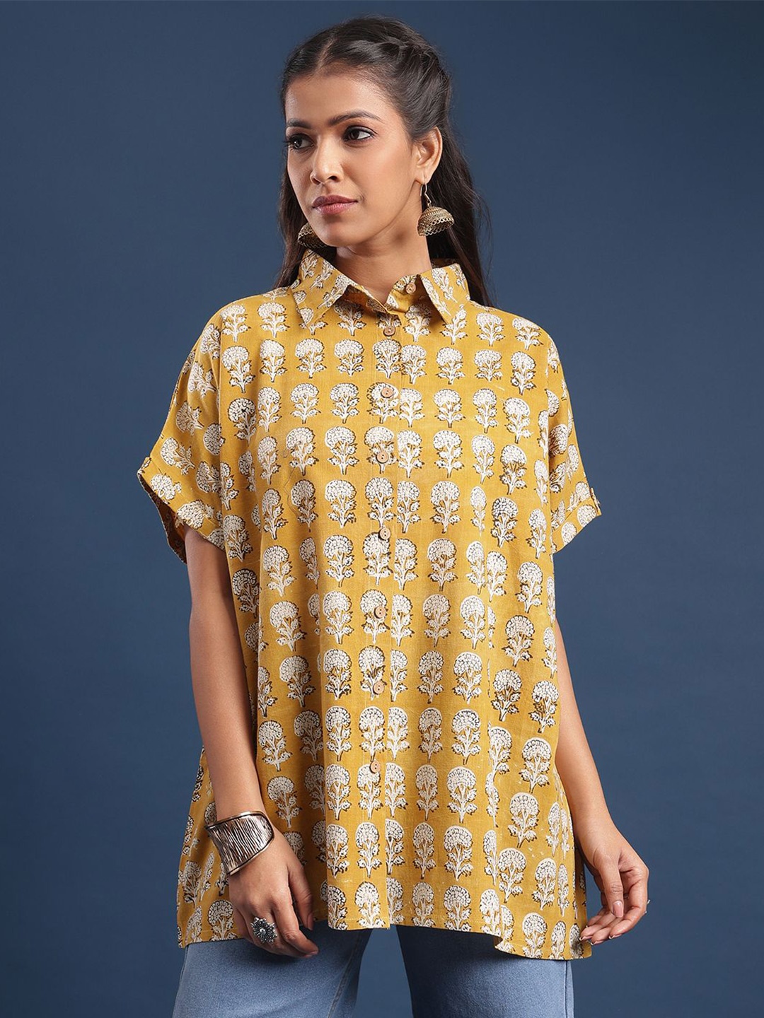 

Taavi Printed Cotton Shirt Collar Neck Tunic, Yellow