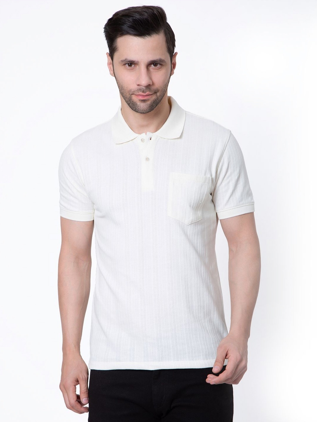 

Sparky Men Polo Collar Pockets Slim Fit T-shirt, Cream