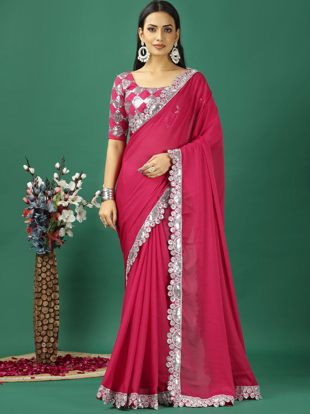 

HERE&NOW Sequinned Satin Banarasi Saree, Pink