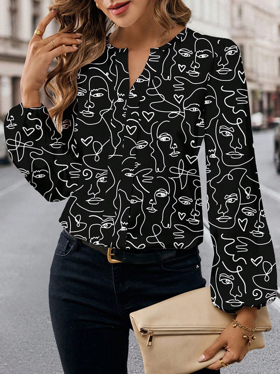 

JC Mode Print Mandarin Collar Bell Sleeve Top, Black