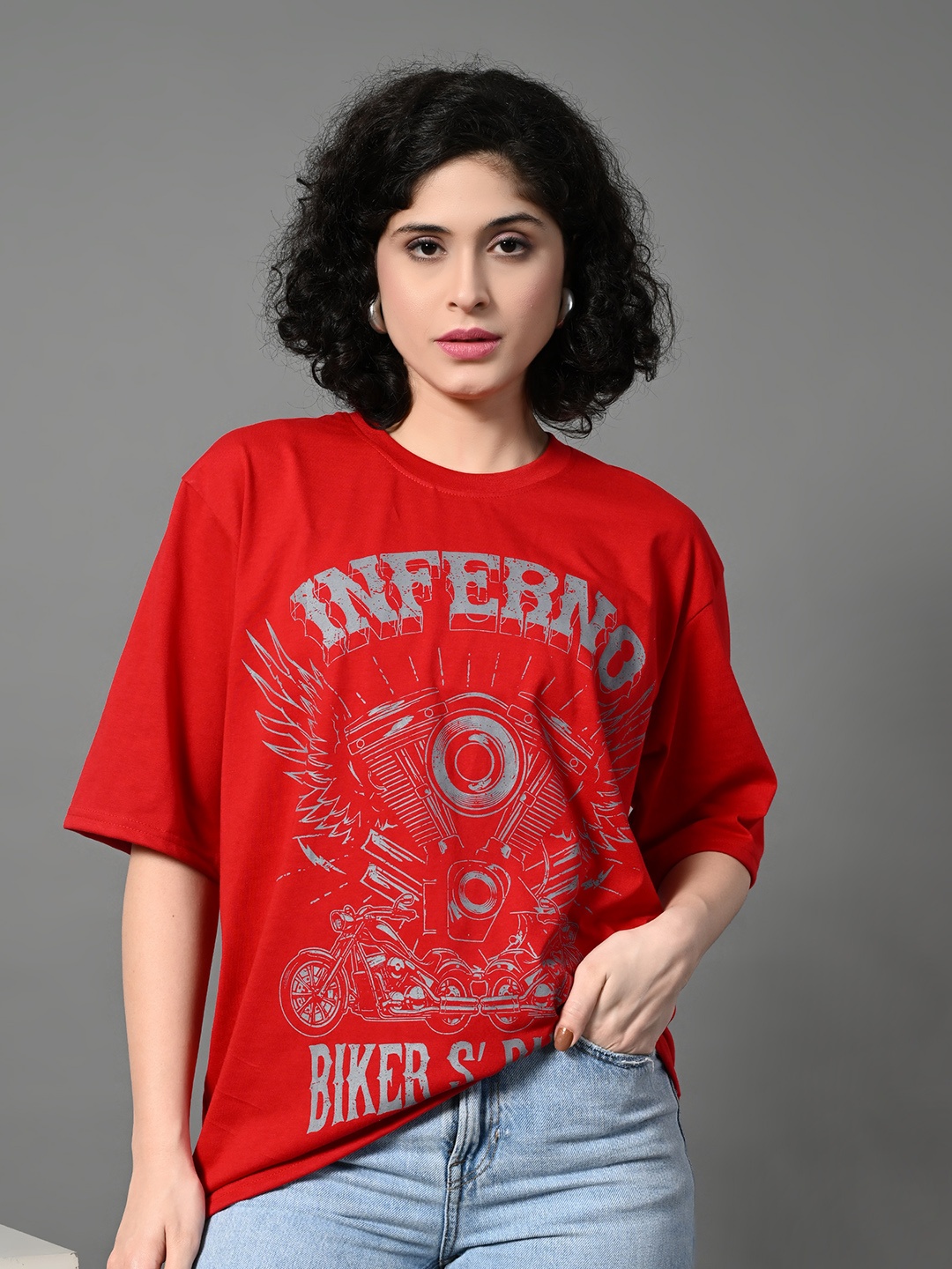 

CORSICA Women Biker Printed Drop-Shoulder Sleeves Bio Finish T-shirt, Red