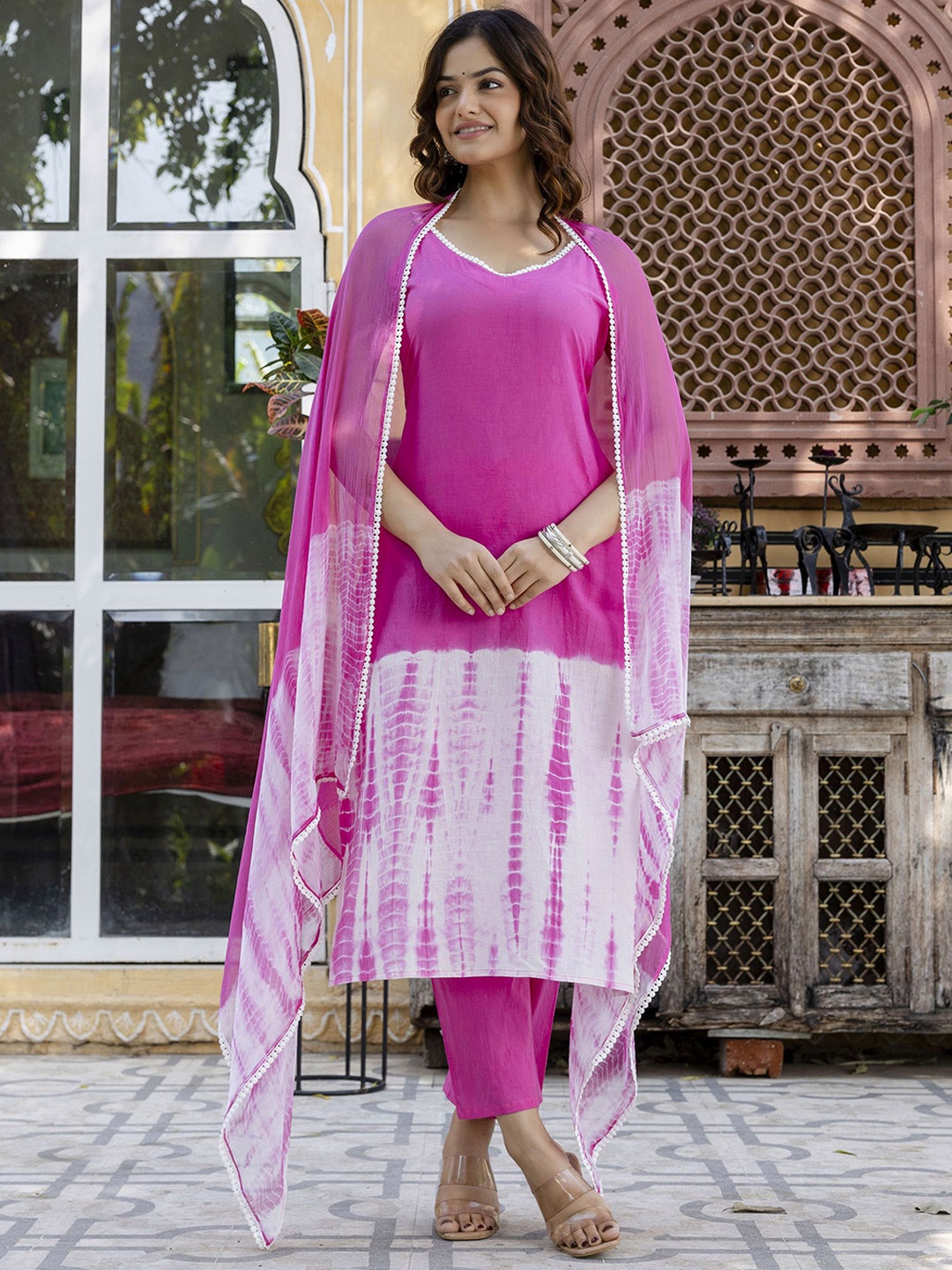 

EthniFlair Women Dyed Regular Pure Cotton Kurta with Trousers & With Dupatta, Pink