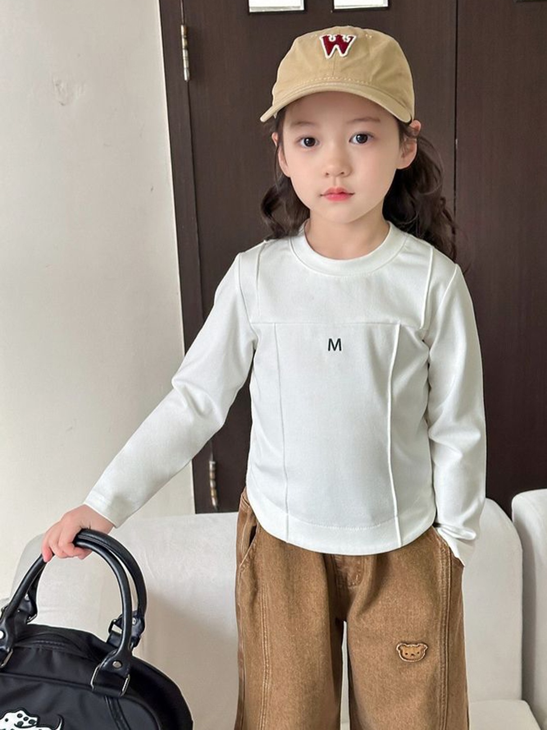

LULU & SKY Girls Colourblocked Mandarin Collar Extended Sleeves Pockets T-shirt, White