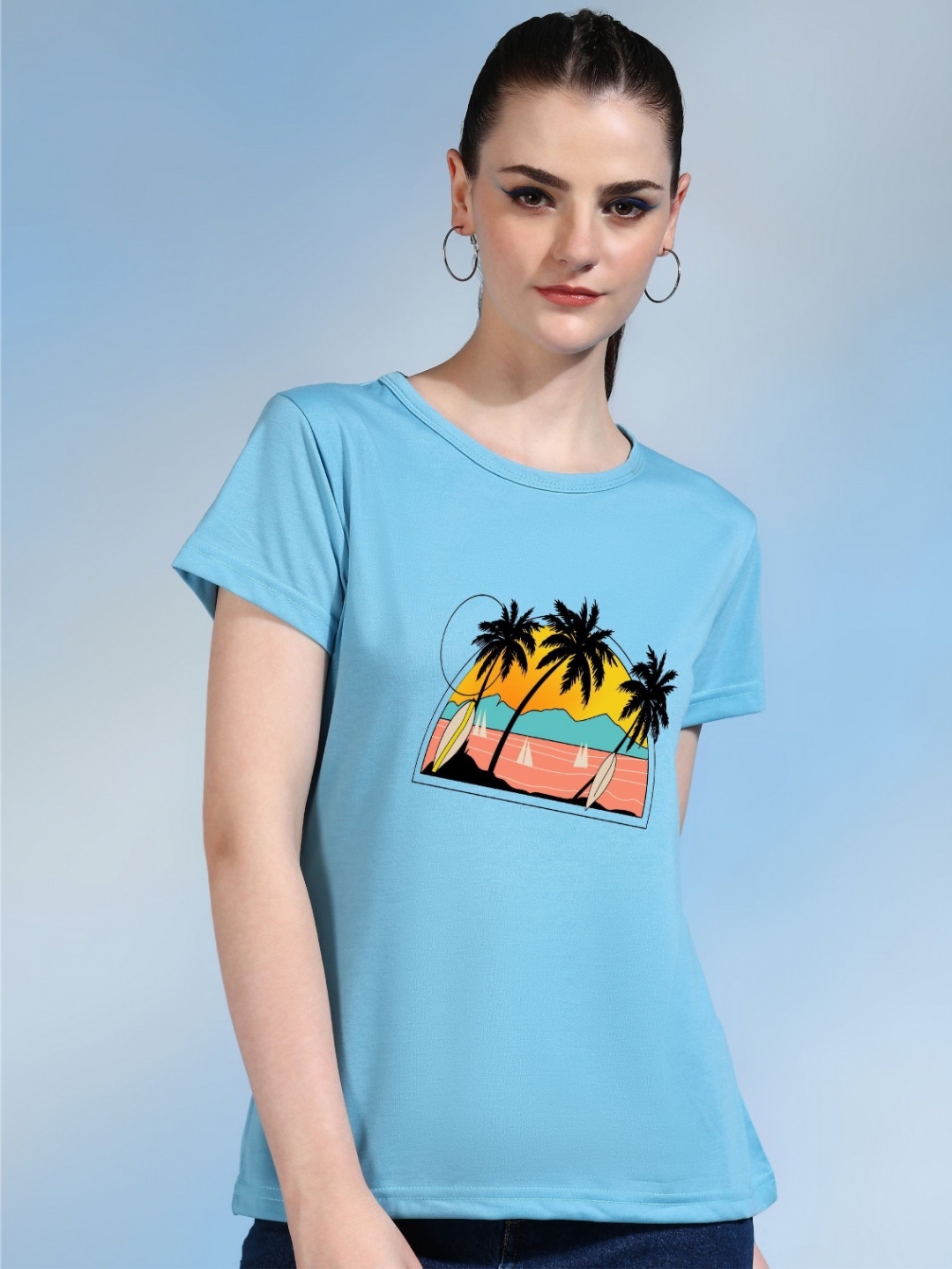 

Moda Rapido Women Printed Bio Finish Applique T-shirt, Turquoise blue