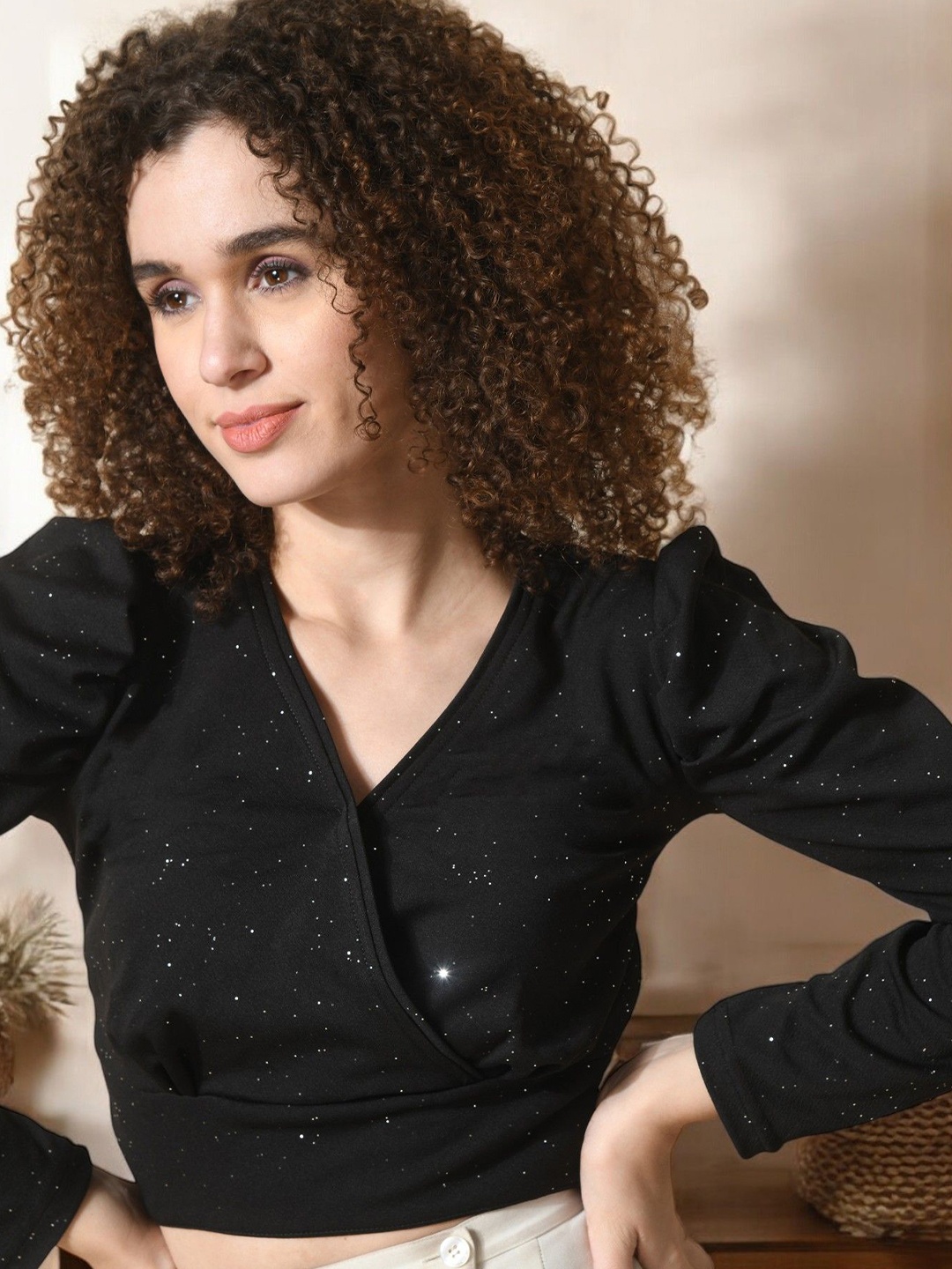 

IUGA Embellished Puff Sleeve Wrap Crop Top, Black