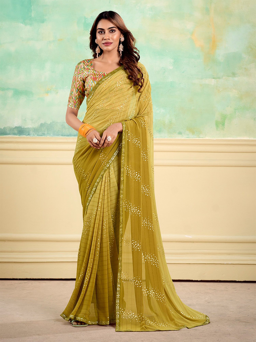 

LeeliPeeri Designer Sequinned Poly Georgette Designer Saree, Green