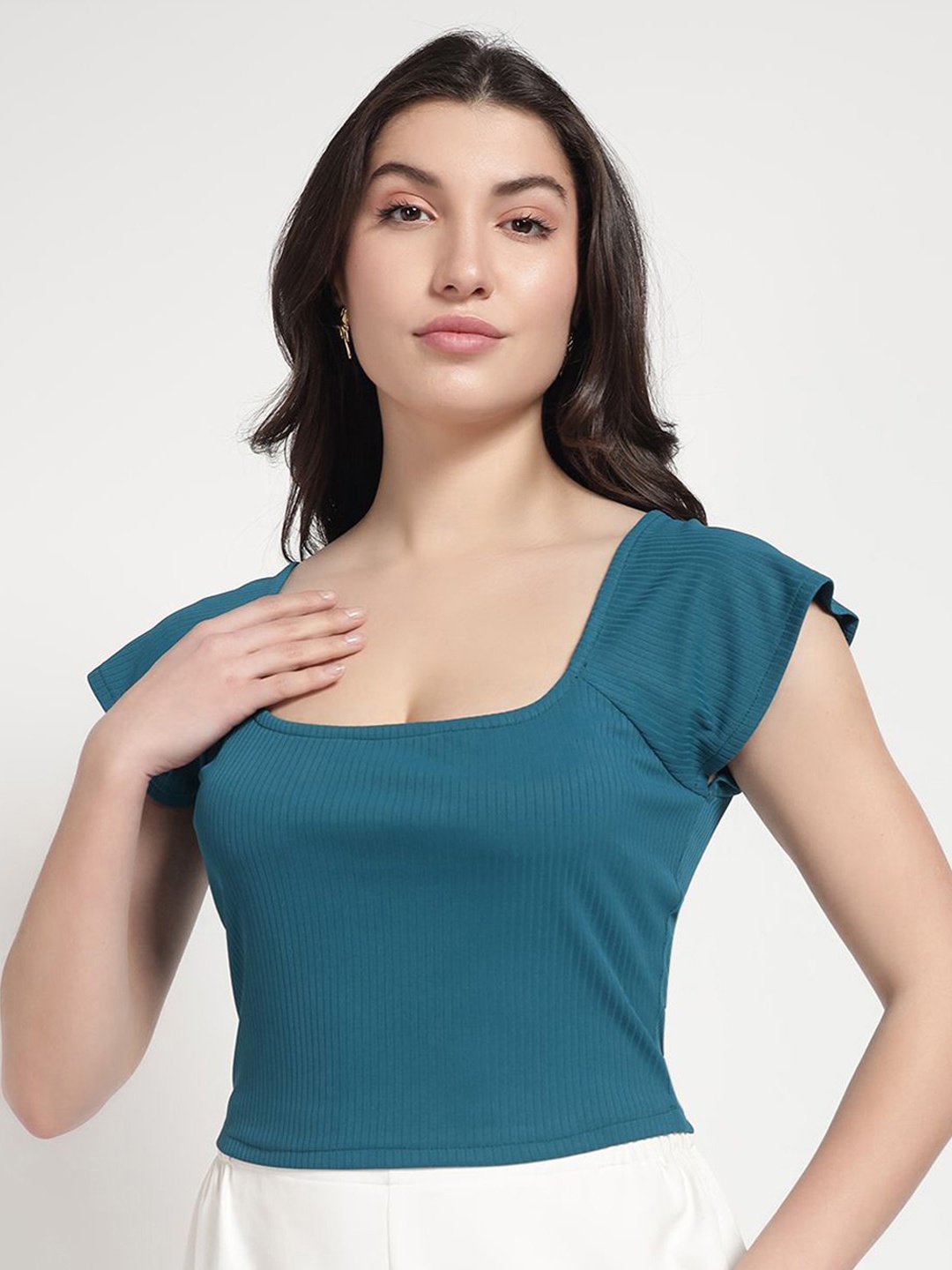 

The Roadster Lifestyle Co Pure Cotton Square Neck Crop Top, Teal