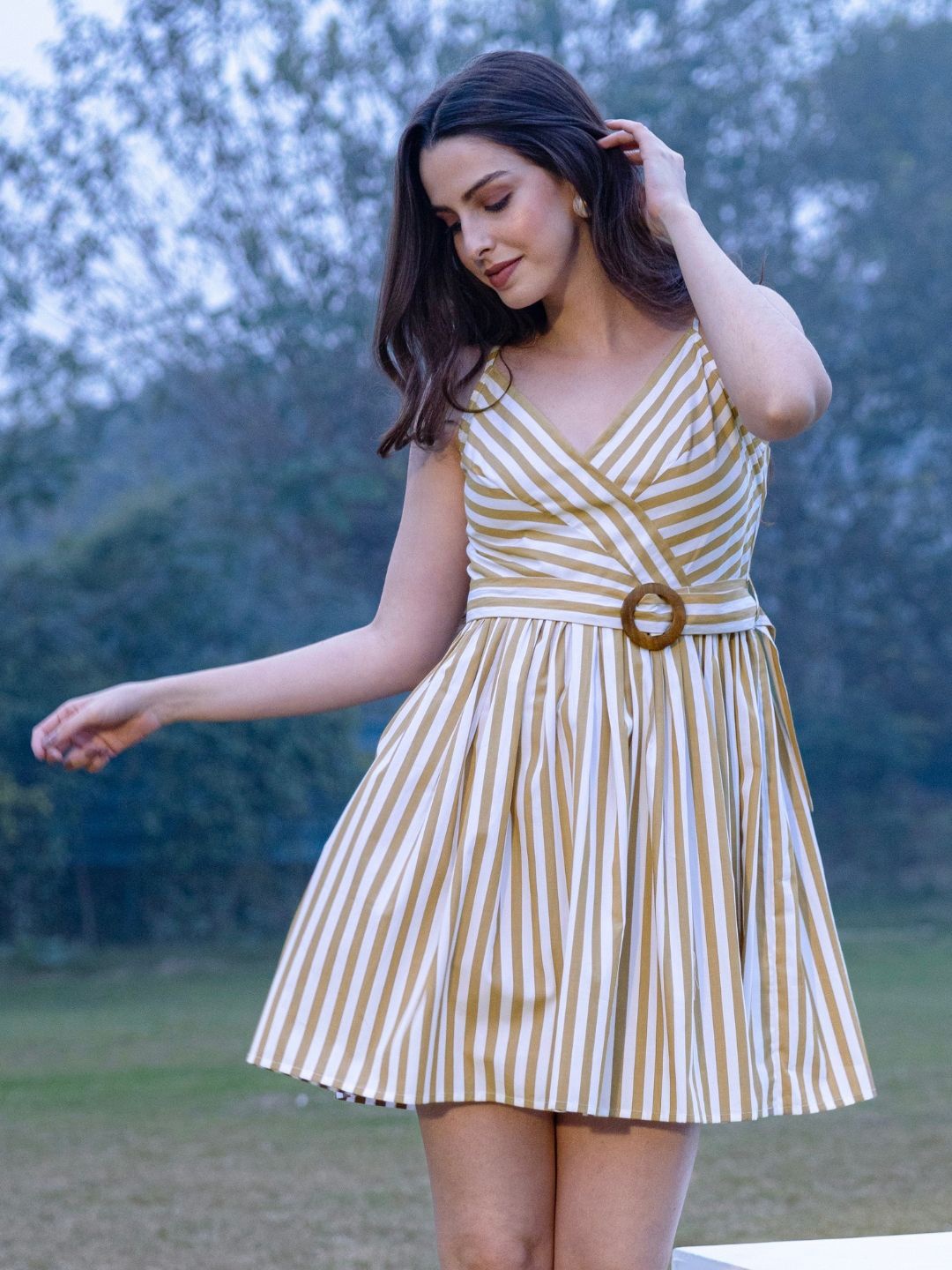 

JULO Striped Fit & Flare Mini Dress, Beige