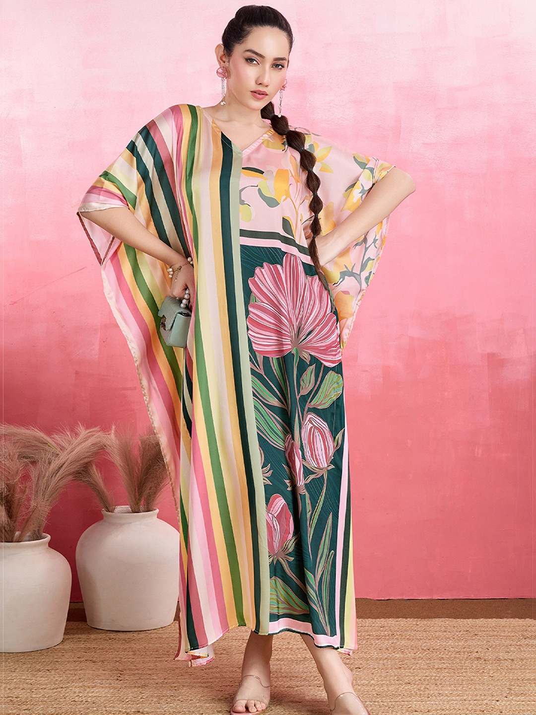 

LABEL AARNA Print Satin Kaftan Maxi Dress, Multi