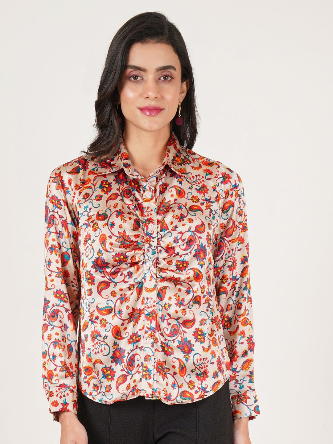 

U&F Women Original Slim Fit Floral Opaque Printed Casual Shirt, Beige