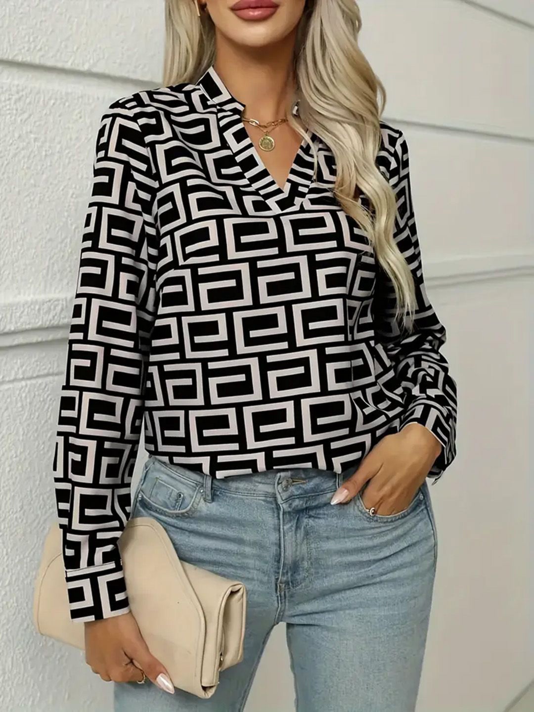 

JC Mode Geometric Print Tie-Up Neck Top, Black