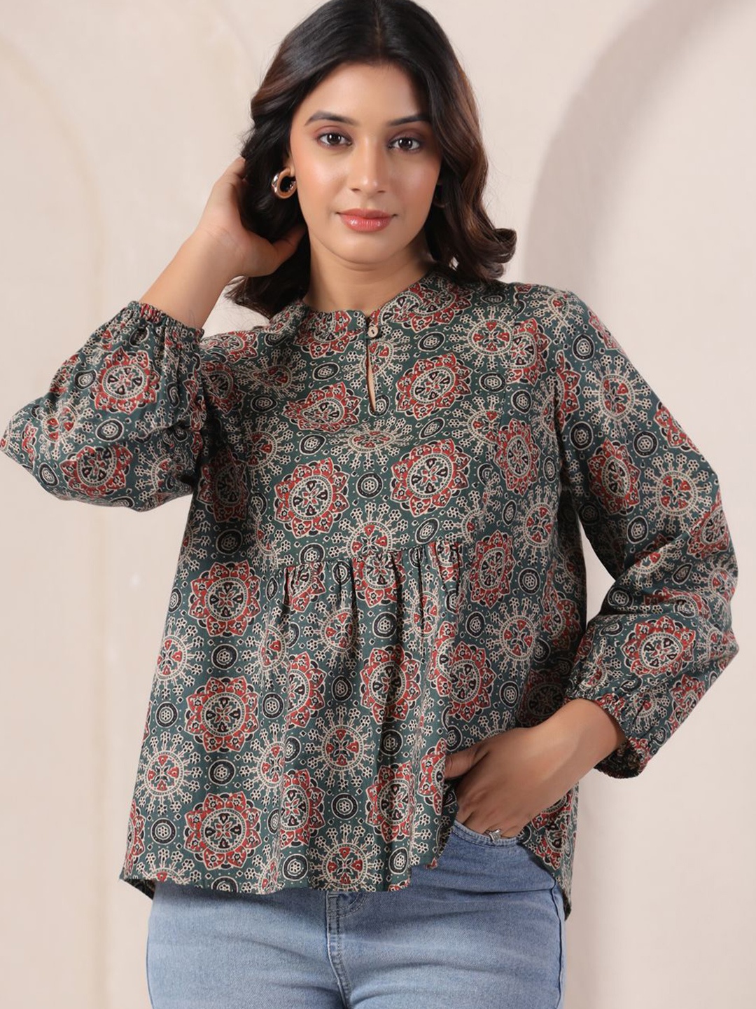 

Zenava by Myntra Ajarakh Print Cotton Top, Green