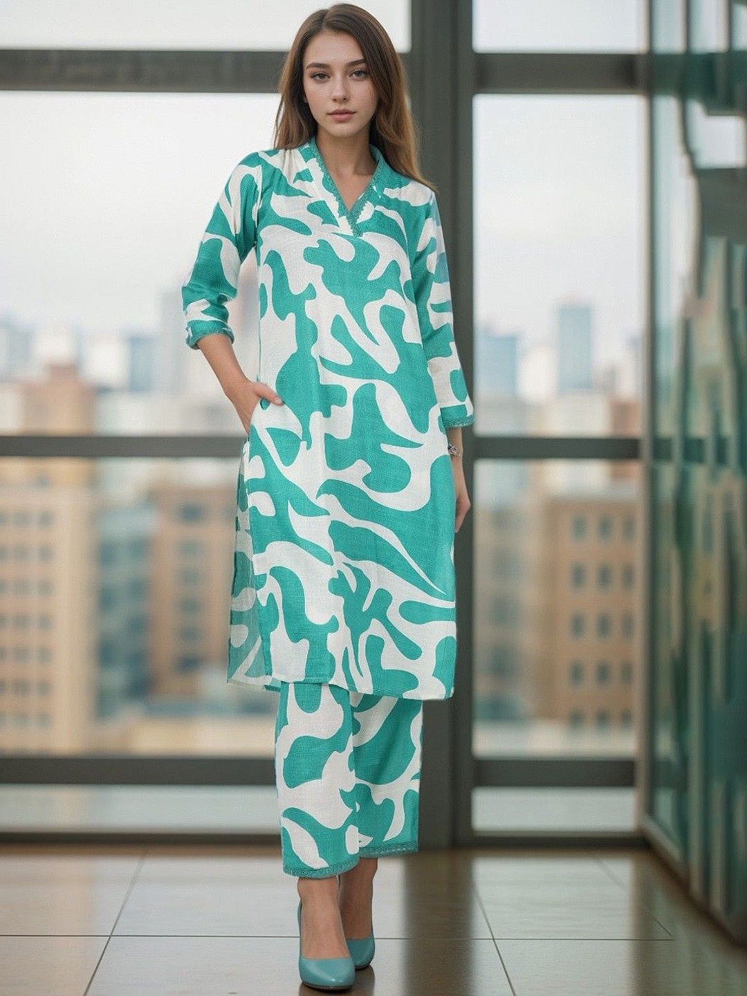 

BAESD Abstract Printed V Neck Top With Trousers Co-Ords, Green