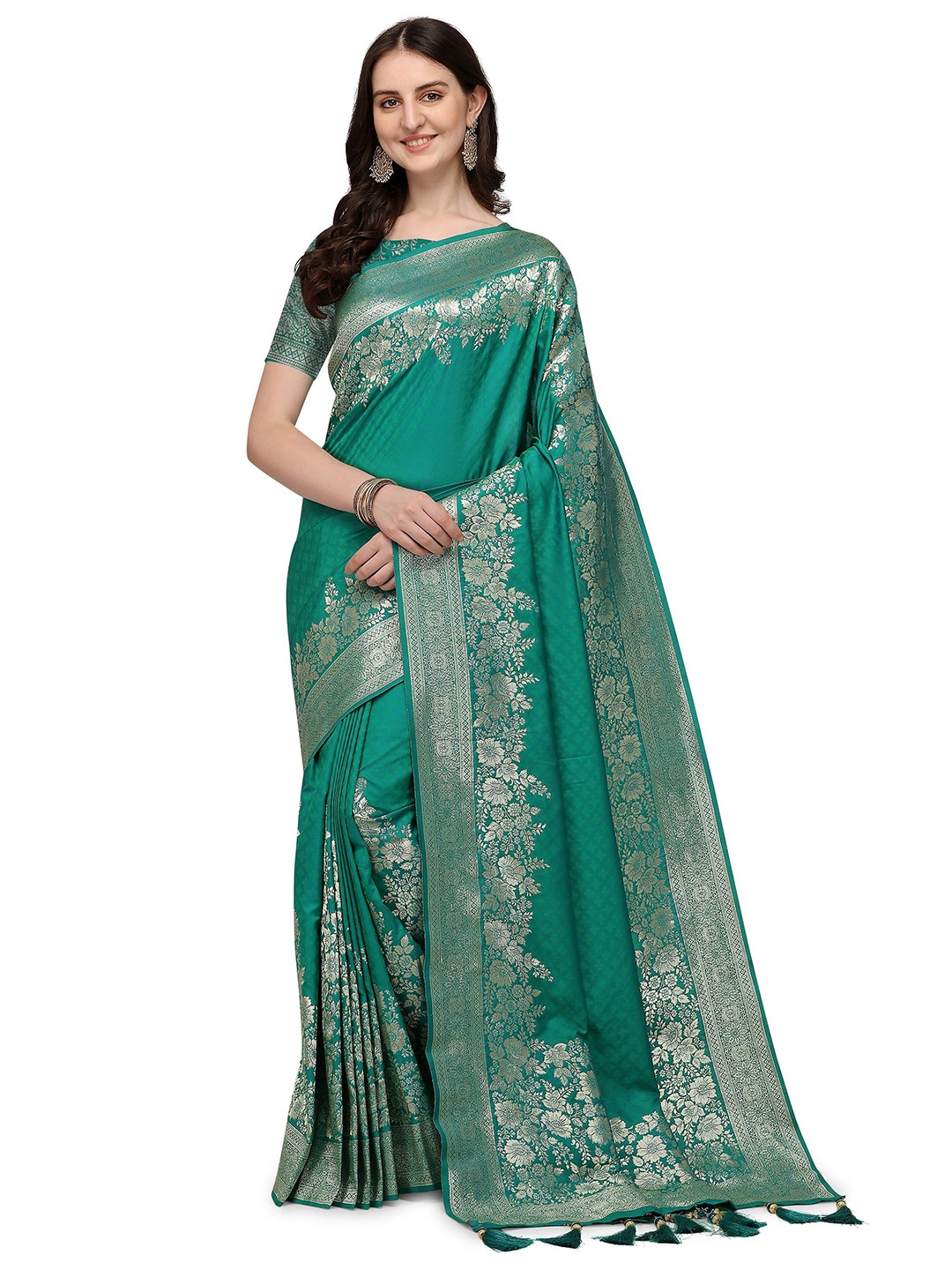 

DIVASTRI Woven Design Zari Silk Blend Kanjeevaram Saree, Green