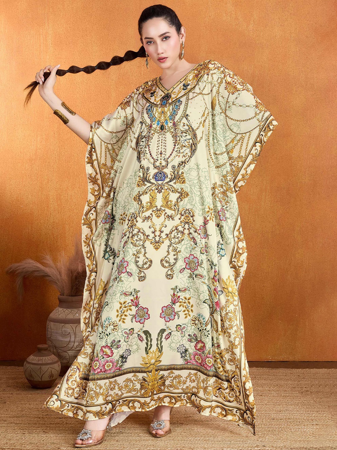 

LABEL AARNA Timeless Grace Soft Satin Kaftan with Rhinestones, Off white