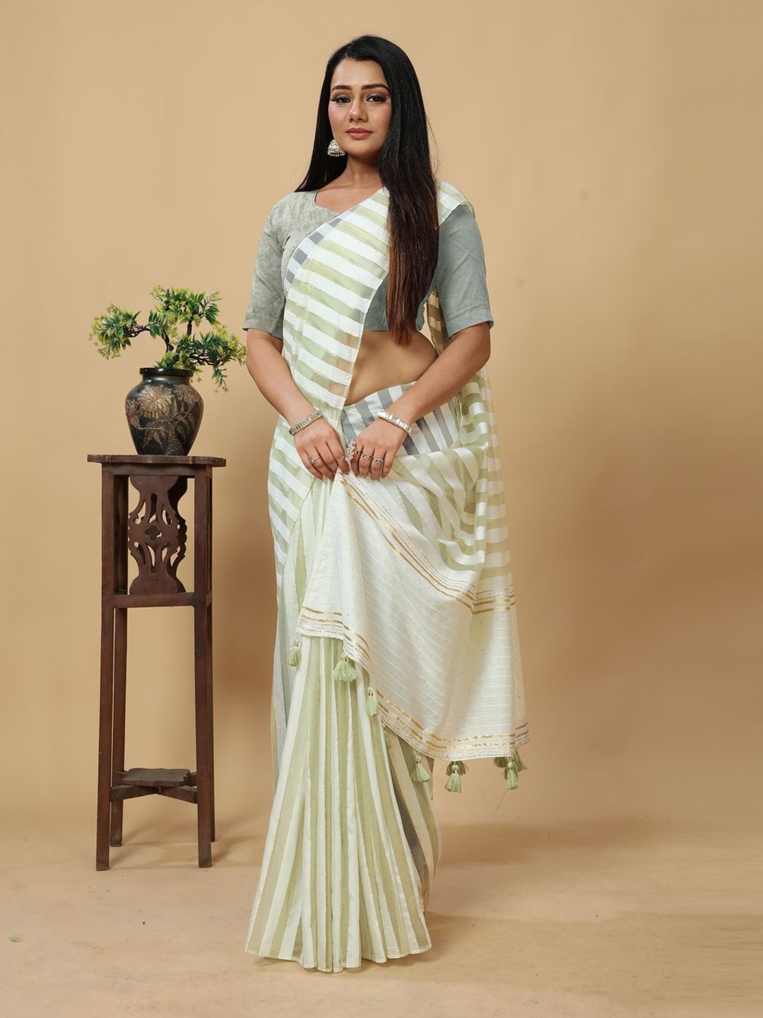 

Suha Striped Art Silk Saree, Green
